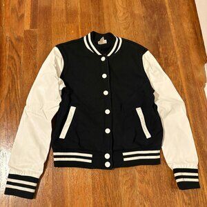 Women's Varsity Letterman Jacket Bomber Faux Leather Sleeves Black White Mossimo
